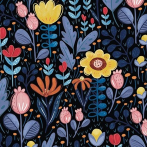 Boho Floral Colorful and Black Background Large