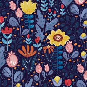 Boho Floral Colorful and Navy Blue Background large