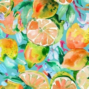 Summer juicy citrus fruits on blue