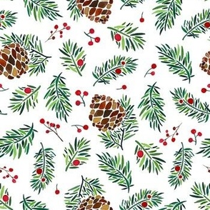 Small // Christmas Pine Cone & berries Watercolor red and green