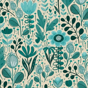 Boho Floral Blue Teal and Wheat Background Large