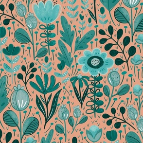 Boho Floral Blue Teal and Apricot Background Large