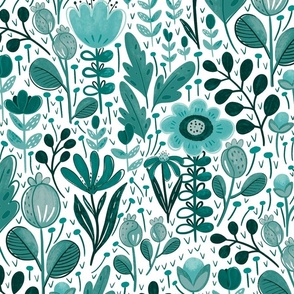 Boho Floral Blue Teal and White background Large