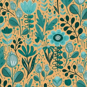 Boho Floral Blue Teal and Yellow Saffron Background Large