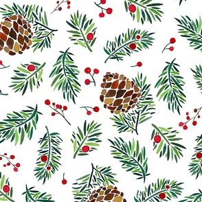 Large // Christmas Pine Cone & berries Watercolor red and green