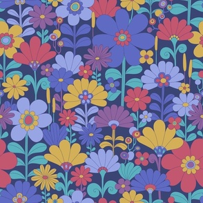 Retro Flower Garden in Dusky Blues