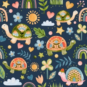 Large Scale Take It Easy Turtles Spring Watercolor Flowers on Navy