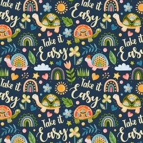 Small Scale Take It Easy Turtles Spring Watercolor Flowers on Navy
