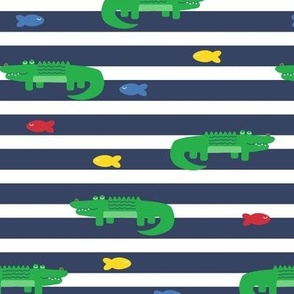 Fun Alligators and Fish on Navy Blue Stripe