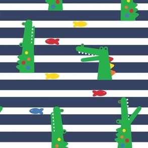 Goofy Alligators and Fish On Navy Blue Stripe