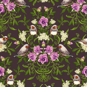 Bright birds and flower botanical intricate Arts and Crafts damask pattern for wallpaper and fabric on midnight plum, large scale