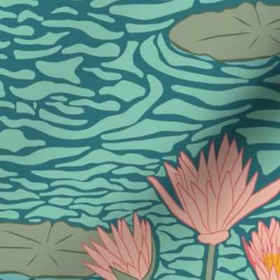 Large Jacana Lily Trotter Birds walking in a Water Lily Pond with a Whaling Waters Teal Blue Background