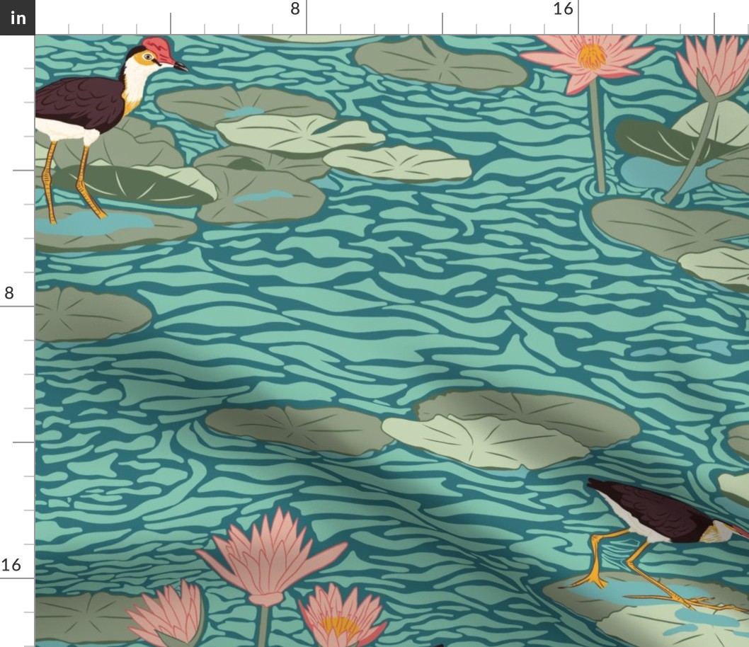 Large Jacana Lily Trotter Birds walking in a Water Lily Pond with a Whaling Waters Teal Blue Background