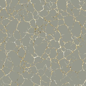 Kintsugi Cracks - Large Scale - Evergreen  Fog and Gold - Green Grey Gray 96998c - Crackle  