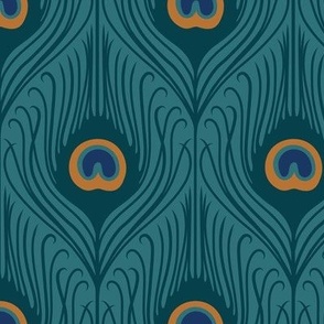 Medium Art Deco Peacock Feathers in 1 Direction with Whaling Waters Teal Blue Background