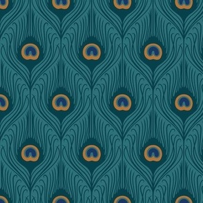 Small Art Deco Peacock Feathers in 1 Direction with Whaling Waters Teal Blue Background
