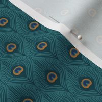 Mini Art Deco Peacock Feathers in 1 Direction with Whaling Waters Teal Blue Background