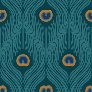 Medium Art Deco Peacock Feathers in 2 Directions with Whaling Waters Teal Blue Background