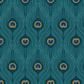 Small Art Deco Peacock Feathers in 2 Directions with Whaling Waters Teal Blue Background