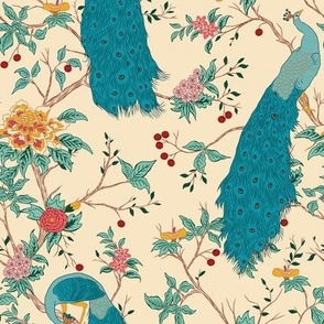 Small Chinoiserie Peacock Garden with Cream Background