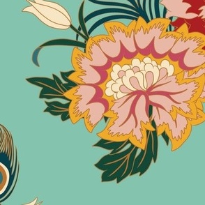 Large Chinoiserie Peacock flowers and feathers with aquamarine green background
