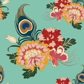 Medium Chinoiserie Peacock flowers and feathers with aquamarine green background