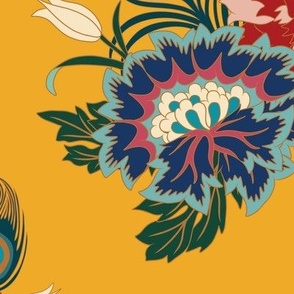 Large Chinoiserie Peacock flowers and feathers with jonquil yellow background