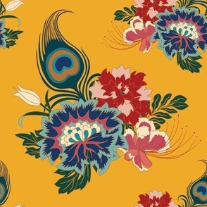 Medium Chinoiserie Peacock flowers and feathers with jonquil yellow background