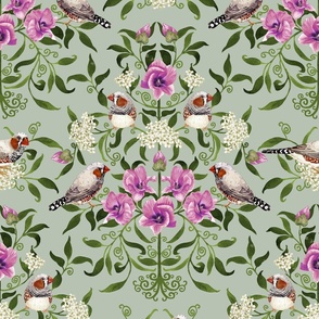 Bright birds and flower botanical intricate damask pattern for wallpaper and fabric on duck egg green, large scale
