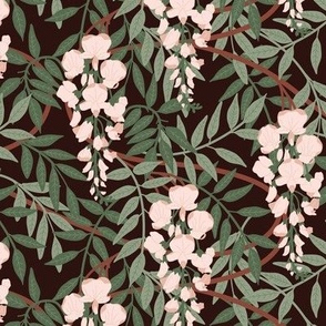 Small Art Nouveau Pink Wisteria Branches with a Tamarind Taupe Dark Brown  Background