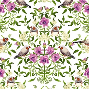 Bright birds and flower botanical intricate Arts and Crafts damask pattern for wallpaper and fabric on white, large scale