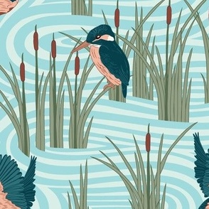 Medium Art Nouveau Kingfishers in the Wetlands with Blue Meandering Waterway Background