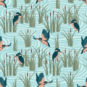 Small Art Nouveau Kingfishers in the Wetlands with Blue Meandering Waterway Background