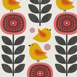 retro flowers and birds - yellow + coral (large scale)