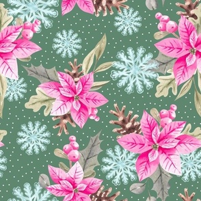 Large Scale Pink Poinsettia Holiday Greenery Winter Snowflakes on Sage Green