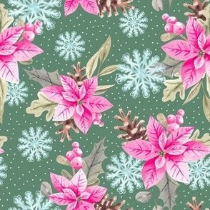 Medium Scale Pink Poinsettia Holiday Greenery Winter Snowflakes on Sage Green