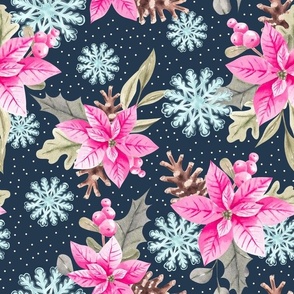 Large Scale Pink Poinsettia Holiday Greenery Winter Snowflakes on Navy