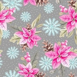 Medium Scale Pink Poinsettia Holiday Greenery Winter Snowflakes on Taupe