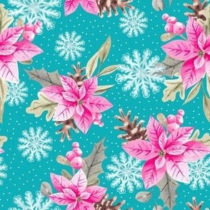 Medium Scale Pink Poinsettia Holiday Greenery Winter Snowflakes on Bright Turquoise