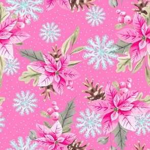 Large Scale Pink Poinsettia Holiday Greenery Winter Snowflakes on Hot Pink