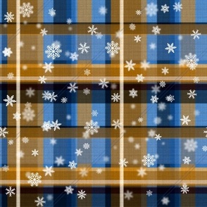 Winterly X-Mas tartan pattern with snowflakes (blue|orange)