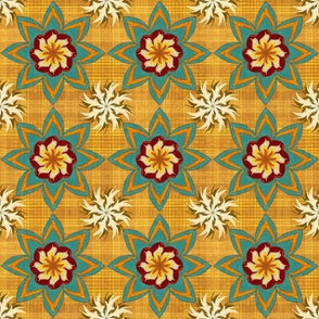 Bohemian geometric embroidery effect on checkered slubby plaid medium