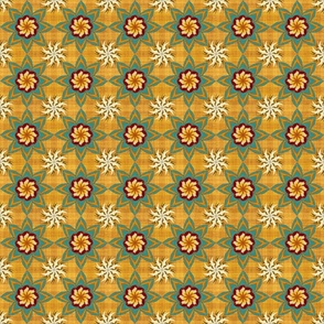 Bohemian embroidery effect flowers multidirectional on slubby plaid small mustard yellows, teal