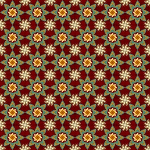 Bohemian embroidery effect flowers on slubby plaid On deep Christmas red with teal, yellow and crimson