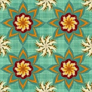 Bohemian embroidery effect flowers on slubby plaid On verdigris turquoise with teal, yellow and wine red small