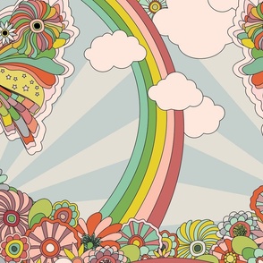 70's style cutesy print with rainbow, butterfly and retro floral for kids nursery wallpapers - large.