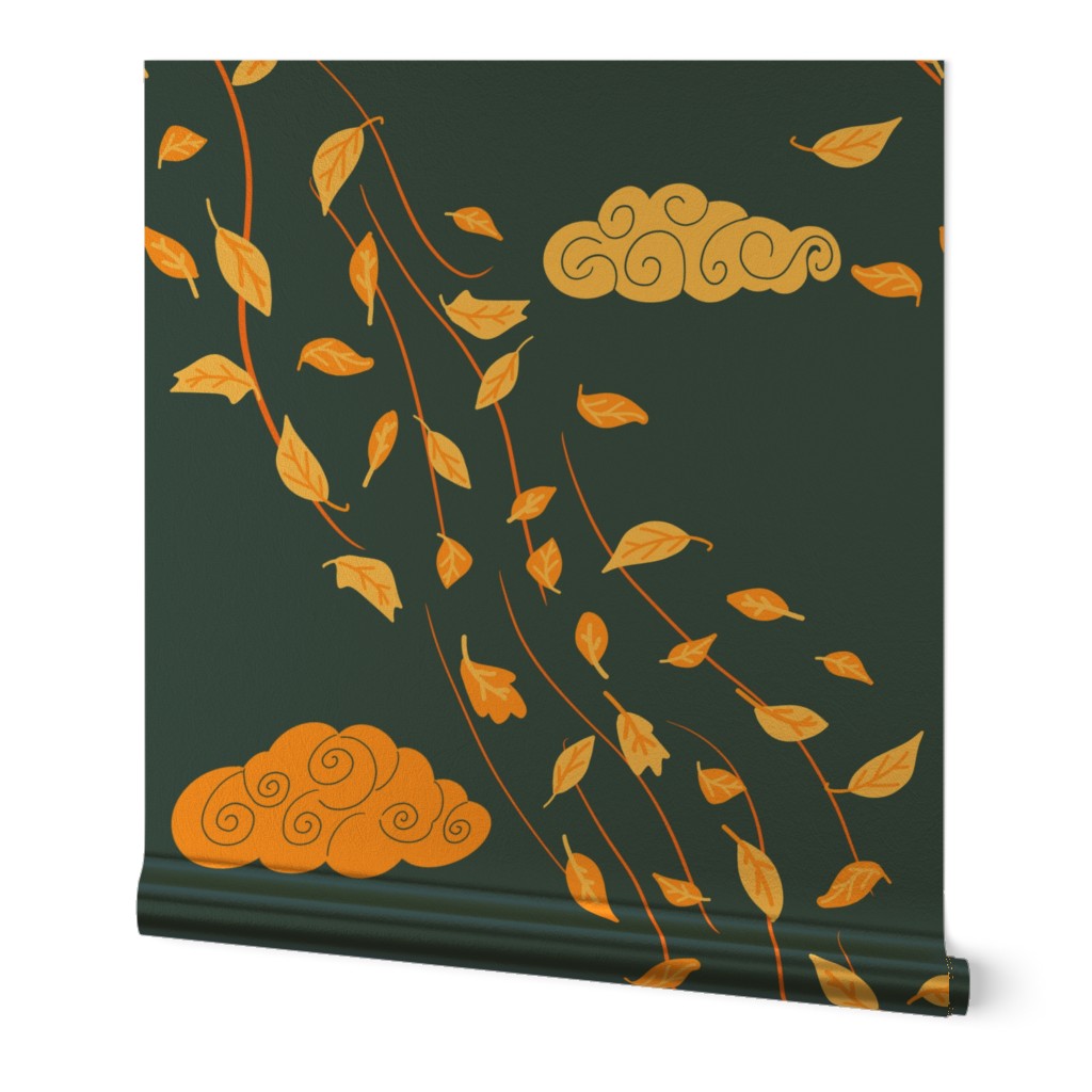 Windy Autumn yellow  flying leaves on blue / navy blue - large scale