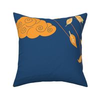 Windy Autumn yellow  flying leaves on blue / navy blue - large scale