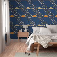 Windy Autumn yellow  flying leaves on blue / navy blue - large scale