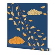 Windy Autumn yellow  flying leaves on blue / navy blue - large scale